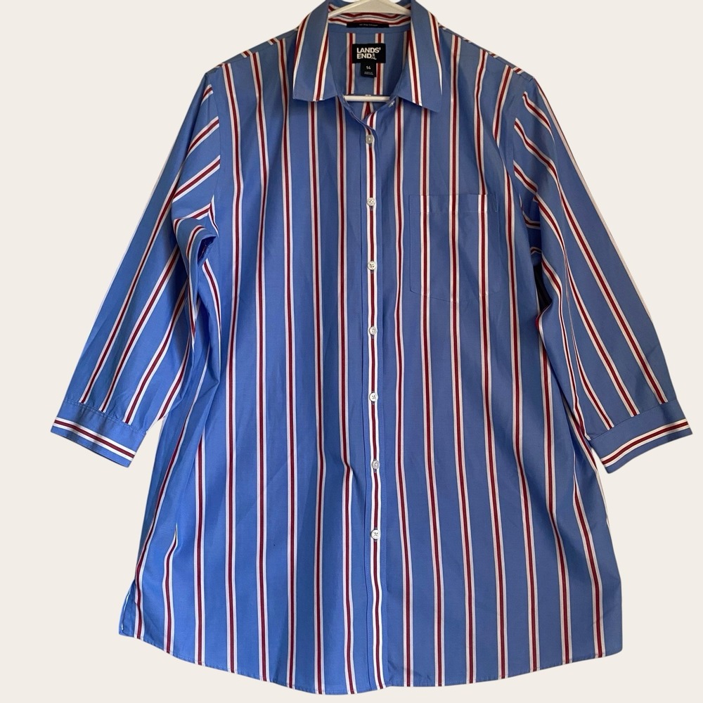 Lands End Women Size 14 No Iron Shirt Pinpoint Oxford Striped 3/4 Sleeve Classic